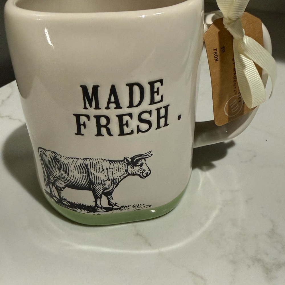 Rae Dunn White and Green Mug - Made Fresh with Cow